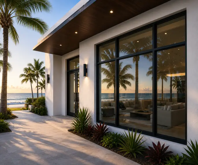 A modern beachfront house at sunset, with a wall of black-framed impact windows and a glass entry door under a deep timber soffit, and palms and the ocean beyond.
